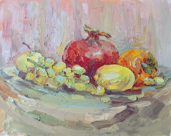 バナナのある静物画。オリジナル油絵、25 x 25 cm - Etsy 日本