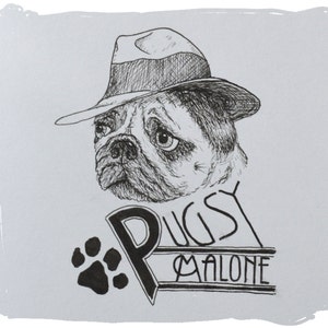 ORIGINAL "Pugsy Malone" Drawing, or 1 of 5 Limited Edition Prints; Pug Cartoon, Bugsy Malone, Ink Drawing, Dog Picture, Unique, Great Gift!