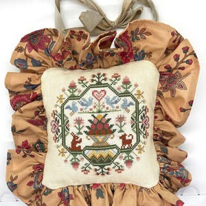 Vintage Hanging Door Handle Pillow, Handmade Needlework, Cross Stitch Sampler, Ruffled Pillow, Sachet, Dog, Rabbit, Hearts, 1980/90