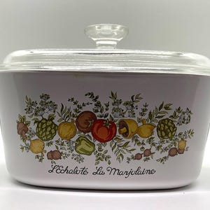 Vintage Corning Ware L’Echalote La Marjolaine, Covered Glass Casserole Dish, Spice of Life, 3 Quart, MCM Circa 1970, Vegetable Design