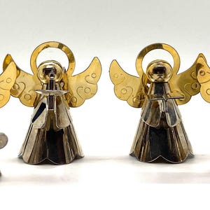 Servilleteros vintage con forma de ángel músico, chapados en plata y oro, grabados, de Hong Kong, juego de cuatro, caja original, decoración navideña, decoración de mesa