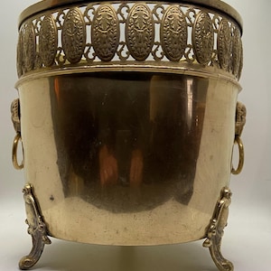 Antique Vintage Brass Cachepot,Container,Art Deco, Ram’s Head Handles,Footed, Deer, Stag Medallions, Circa 1920-30 Made in Britain,Flowerpot