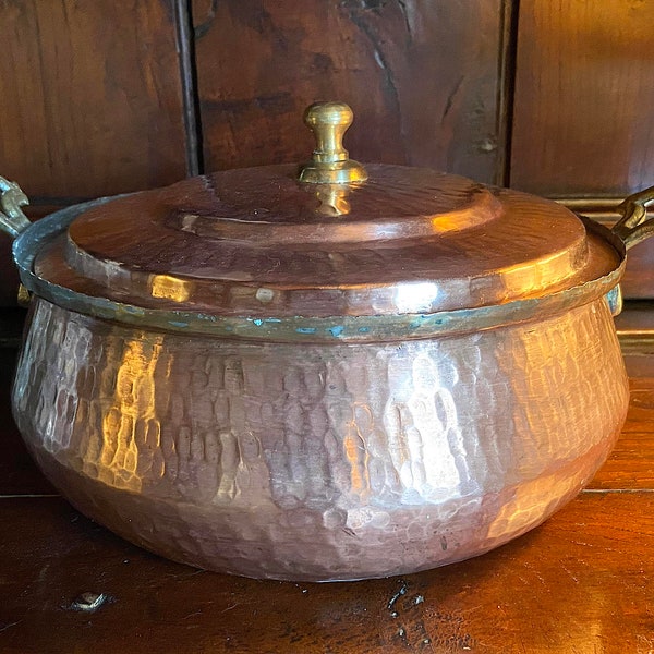 Vintage Hammered Handmade Copper Covered Casserole,Brass Handles and Knob, Serving Dish,French Country Kitchen, Holiday Table, Farmhouse