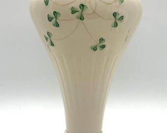 Vintage Belleek Pottery Vase,Green Shamrock, Cloverleaf, Ireland, Reticlated, Pierced, Footed Base, 7” Tall, Circa 1965-1980,Green 6th Mark.