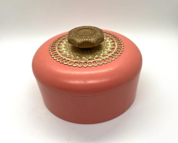 Vintage Avon Unforgettable Beauty Dust, 6 Ounces, Salmon, Gold Knob, Empty Round  Container, MCM, Vanity Display