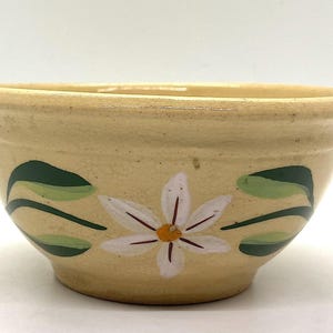 Puede incluir: Un cuenco de cerámica beige con un diseño floral. El cuenco presenta una flor blanca con detalles rojos y amarillos, y hojas verdes. El cuenco probablemente se utiliza para servir o mezclar.