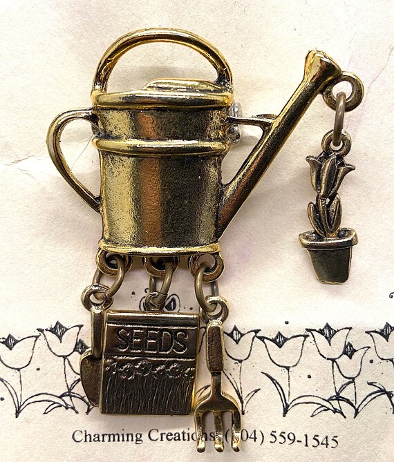 Vintage Brass Garden Brooch, Watering Can, Gift f… - image 4