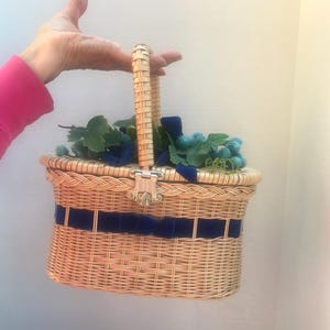 Vintage Basket Purse, Flower Basket Handbag, Yarn Grapes, Blue Velvet Ribbons, Straw Purse Millinery Fruit, MCM, Made In Hong Kong, Wedding