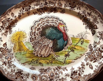 Vintage Turkey Platter, Staffordshire, Clarice Cliff, Polychrome Transferware, Large, Thanksgiving,Fall, Farmhouse Dining, MCM, Ironstone