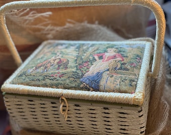 Vintage Handle Sewing Basket, Tapestry, Woven , Caddy, Korea, Sewing Accessories