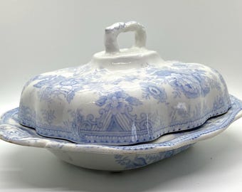 Antique Vintage Pastel Blue Asiatic Pheasants Covered Tureen, Burleigh, England, Transferware, 1930, Serving, Vegetables, Staffordshire,