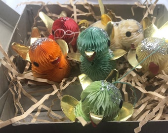 Vintage Honeycomb Glitter Birds, Set of Six, Japan, MCM Christmas, In Box, Various Colors , Paper Tree Decoration, Mantel Display,