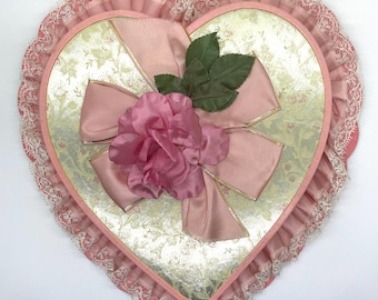 Vintage Valentine Heart Candy Box, Sanders, Detroit Mi., Empty, Pink Silver, 1 Lb.,Ruffled Lace, Flower, Ribbon, Romantic Momento Storage