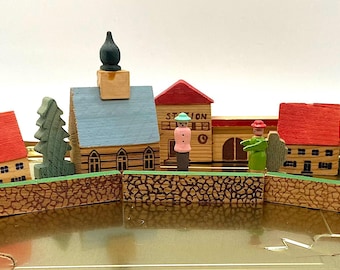 Vintage Christmas Putz Village, German Wood Houses,Fence, Houses,Guard Towers, People, 1960,19 Pieces
