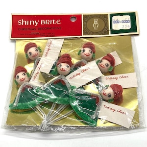Vintage Shiny Brite Spun Cotton, 6 Pipe Cleaner Pixie Package Ties, Small Christmas Tree Decor,Kitschy Fun, Retro MCM, Original Package,