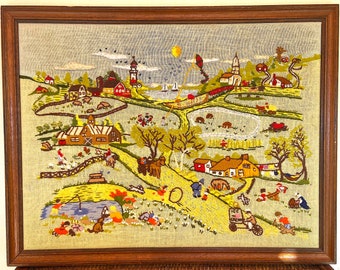 Vintage Crewel Work “Summer Days” Completed/Americana/Signed /1979/Folk Art/Adele Veres