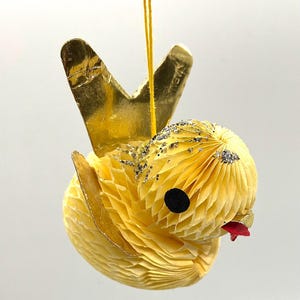 Vintage Honeycomb Paper MCM Bird,Christmas Tree Hanging Ornament, Pale Yellow, Gold, Lightly Glittered, Japan, Kitschy Decor, Adorable