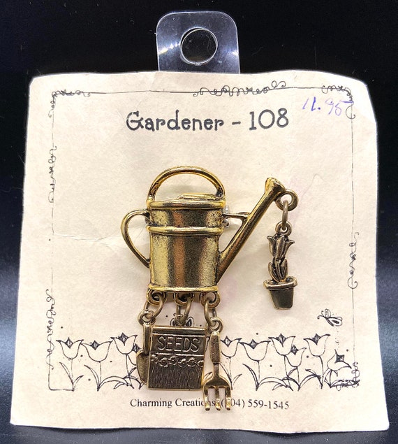 Vintage Brass Garden Brooch, Watering Can, Gift f… - image 1