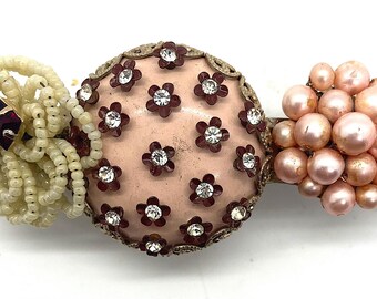 Vintage Hair Barrette, Made in France, Pink, Rhinestone, Faux Pearls, Romantic Chic Hair Adornment, Accessory, Circa 1980, Mothers Day Gift