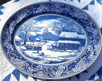 Johnson Brothers China Historic America Thanksgiving Platter, Blue and White Transferware  20”