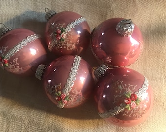 Vintage Pink Christmas Glass Ornaments, Rosebud Lace,West Germany, Set of Five,Romantic French Country,Christmas Tree, Mantel Decor.