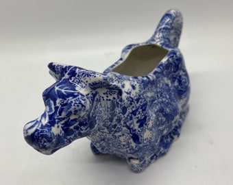Vintage Chintzware Laura Ashley Blue And White Cow Creamer, Resting Cow, Made in England, Staffordshire, 1989, Kitchen Dining, Display