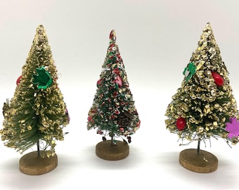 Vintage Bottle Brush Trees, Set of 3, Glittered, Fruit, 4” tall, Japan, Circa 1950-60.