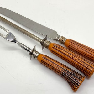 Vintage Empire Sheffield England Faux Stag Carving Set, Knife, Fork, Sharpener, Washington Forge, Farmhouse Dining, Holiday Dining