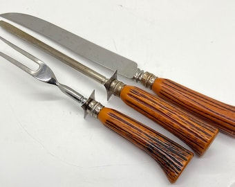 Vintage Empire Sheffield England Faux Stag Carving Set, Knife, Fork, Sharpener, Washington Forge, Farmhouse Dining, Holiday Dining