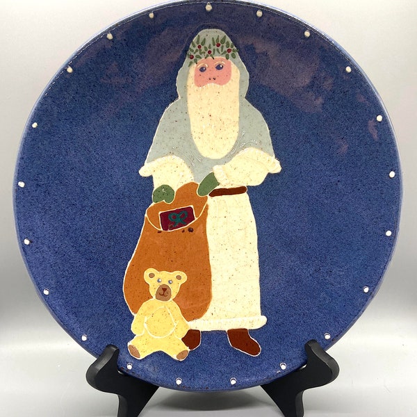 Vintage Santa Redware, Blue Pottery Plate, Christmas, Earthen Vessel, 1980’s.