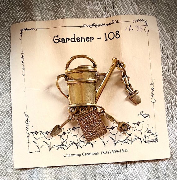 Vintage Brass Garden Brooch, Watering Can, Gift f… - image 2
