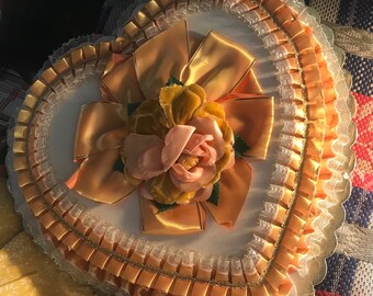 Vintage Valentine Heart Candy Box, Empty, Extra Large, Gold Yellow, Fabric Flower,Lace Satin Ruffles, Schrafts Doily, 18”x 16”. Gift Box.