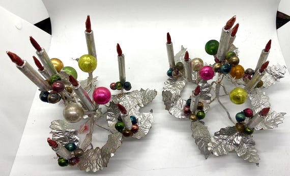 Vintage Pair of Silver Foil 8 Candle with Silver Foil leaves, Red Foil Flames, Midcentury Christmas Centerpiece, Mantle Decor.