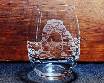 Arches - Utah - National Park - Engraved Crystal Stemless Wine Glass - 1 Single Wine Glass