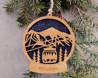 Adorno de madera estilo bola de nieve Telluride, regalo para esquiadores, excursionistas, adorno navideño, amante de la naturaleza, recuerdo de montaña