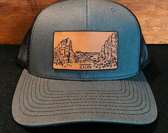 Zion  - Utah - National Park - Mountain Leather Patch Richardson Hat Adjustable Snapback