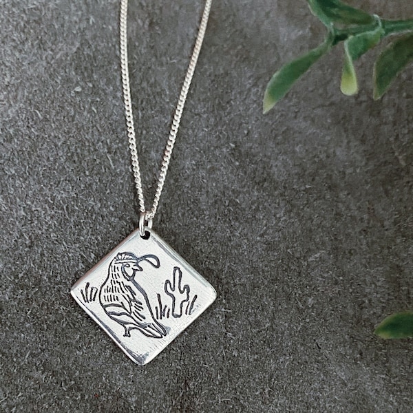 Quail Handmade Sterling Fine Silver Necklace -  diamond pendant, Mother's Day Gift, mountain necklace, minimalist jewelry, Gambel's Quail