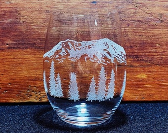 Mount St. Helens - Washington - Cascades - Engraved Crystal Stemless Wine Glass - 1 Single Wine Glass