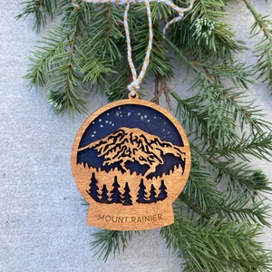 Mt. Rainier - Washington - Snow Globe Style Wooden Ornament, Hiker Gift, Climber Gift, Christmas Ornament, Nature Lover, Mountain Souvenir