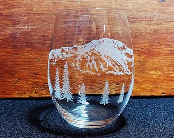 Pikes Peak - Colorado - Rocky Mountains - Engraved Crystal Stemless Wine Glass - 1 Single Wine Glass