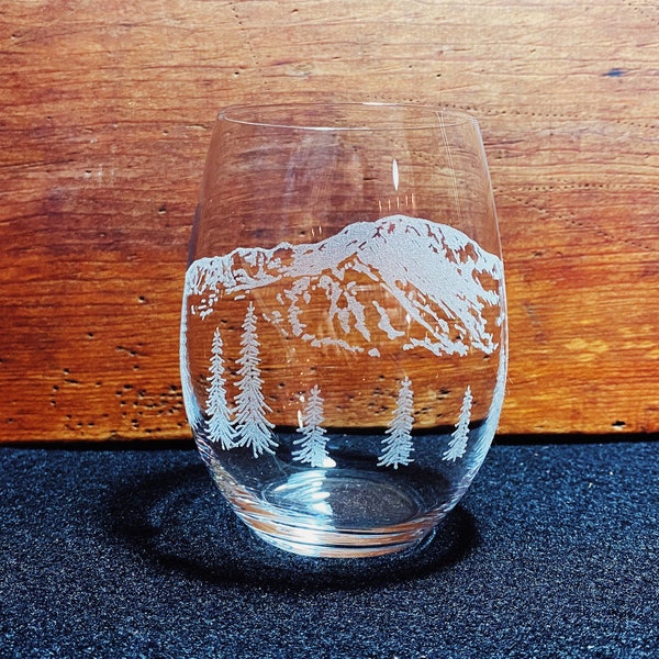 Pikes Peak - Colorado - Rocky Mountains - Engraved Crystal Stemless Wine Glass - 1 Single Wine Glass