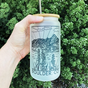 The Flatirons Boulder, CO 16oz Glass Tumbler - Glass Cup with Lid - Glass Tumbler with Lid and Straw - Wildflower Tumbler - Single-Sided