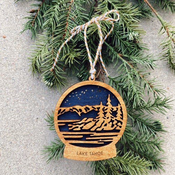 Lake Tahoe Snow Globe Style Wood Ornament, Hiker Gift, Christmas Ornament, Nature Lover, Mountain Souvenir, California ornament