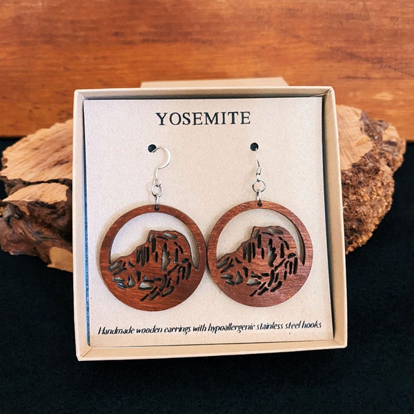 Yosemite - Half Dome - Wooden Earrings, Dangle Earrings, Round Mountain Earrings, Nature Lover, Wood Mountain Earrings, Wanderlust, Outdoors