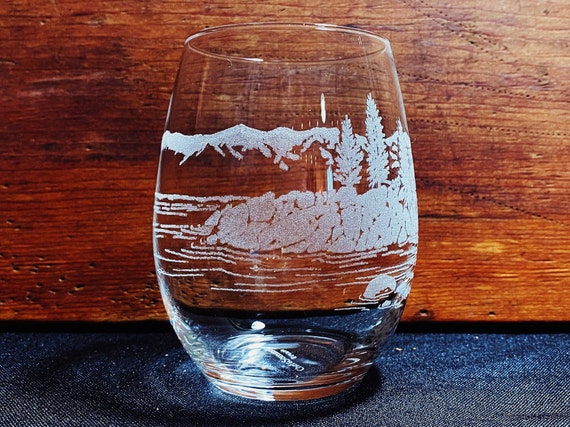 Lake Tahoe - California - Sierra Nevadas - Engraved Crystal Stemless Wine glass - 1 Single Wine Glass