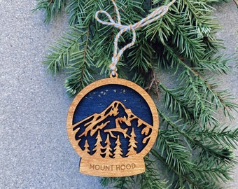 Mt. Hood Snow Globe Style Wood Ornament - Oregon -  Hiker Gift, Christmas Ornament, Nature Lover, Mountain Souvenir