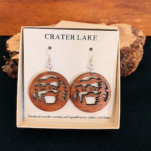 Crater Lake - Oregon - Wooden Earrings, Dangle Earrings, Round Mountain Earrings, Nature Lover, Wood Mountain Earrings, Wanderlust, Outdoors