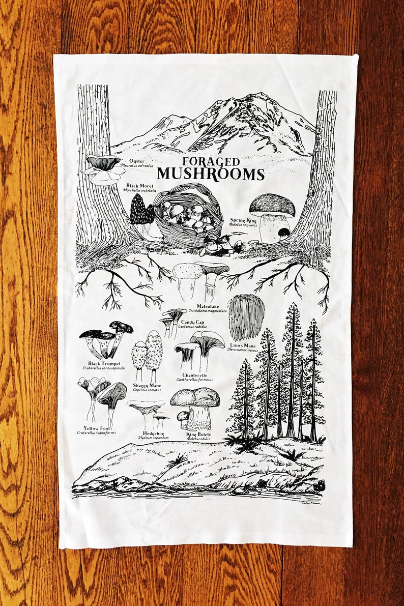 Foraged Mushrooms Tea Towel Dish Towel image 1