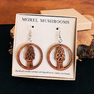 Morel Mushroom - Forager Gift - Wooden Earrings, Dangle Earrings, Round Earrings, Mushroom Lover, Wood Mountain Earrings, Forager, Outdoors