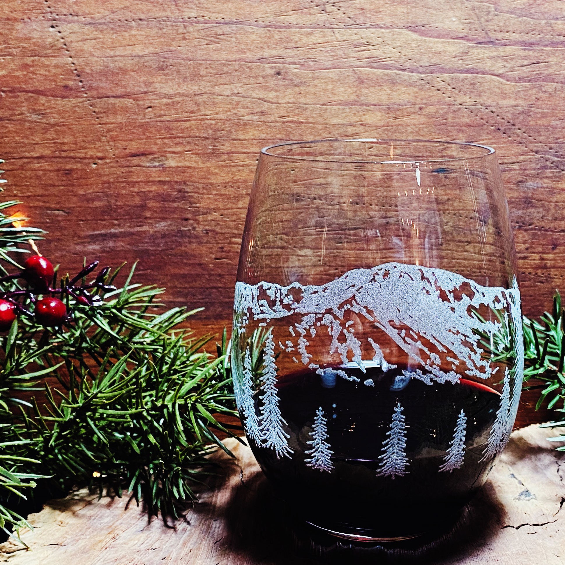 Pinecone Etched Stemless Wine Glass - Sturgeon River Pottery - Petoskey  Michigan